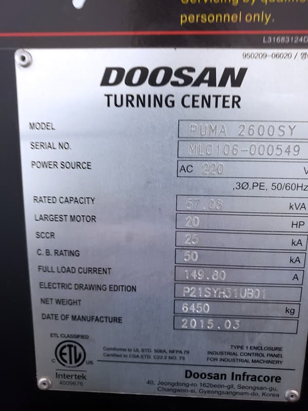 CNC Lathe Doosan Puma 2600SY 2015 1