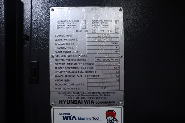 Used CNC Lathe Hyundai WIA L230LMA 2017